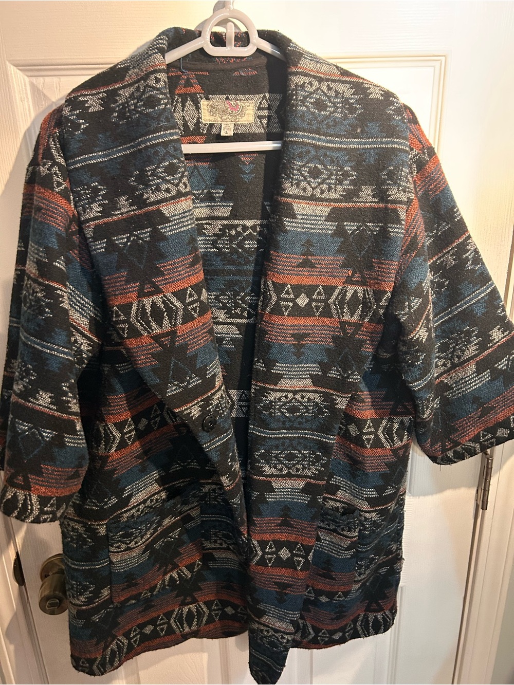 Ecote Open-Front Aztec-Pattern Mid sleeve Blazer in Black, Blue & Brown